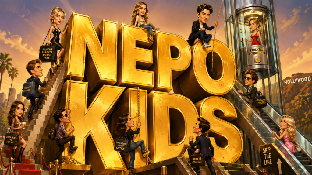 Nepo Kids climbing giant 3D golden letters using stairs, escalators, elevators and ropes, symbolizing Hollywood nepotism and celebrity children