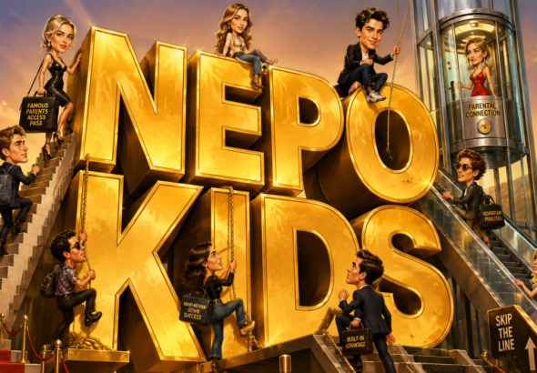 Nepo Kids climbing giant 3D golden letters using stairs, escalators, elevators and ropes, symbolizing Hollywood nepotism and celebrity children