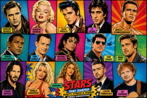 A visual timeline of iconic celebrities including Marlon Brando, Marilyn Monroe, Elvis Presley, Michael Jackson, Arnold Schwarzenegger, Brad Pitt, Shakira and Ed Sheeran showing the evolution of beauty, fitness and fashion standards.