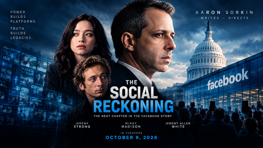 Cinematic poster for The Social Reckoning, featuring three characters against the U.S. Capitol and a Facebook building.