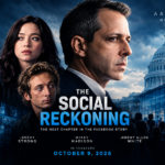 Cinematic poster for The Social Reckoning, featuring three characters against the U.S. Capitol and a Facebook building.