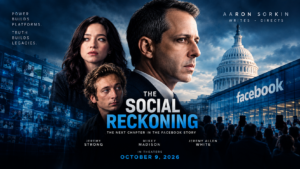 Cinematic poster for The Social Reckoning, featuring three characters against the U.S. Capitol and a Facebook building.