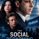 Cinematic poster for The Social Reckoning, featuring three characters against the U.S. Capitol and a Facebook building.