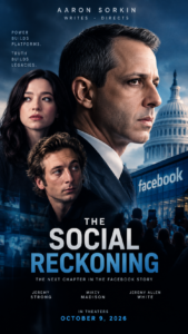 Cinematic poster for The Social Reckoning, featuring three characters against the U.S. Capitol and a Facebook building.