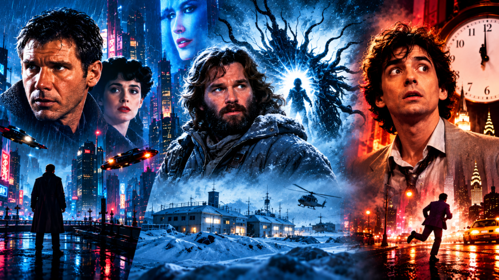 Three underrated Hollywood movies of the 1980s represented by futuristic neon cityscapes, Antarctic sci-fi horror, and a nighttime New York thriller.